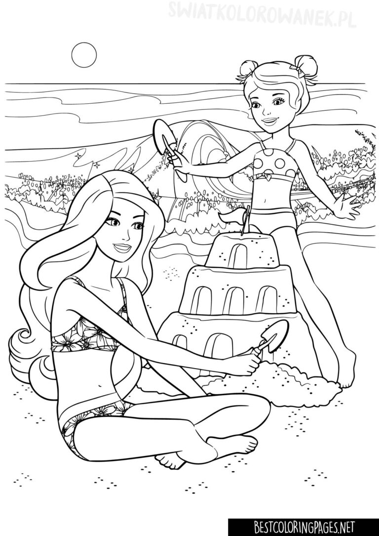 Barbie beach day coloring page with sun, sand, and surf.