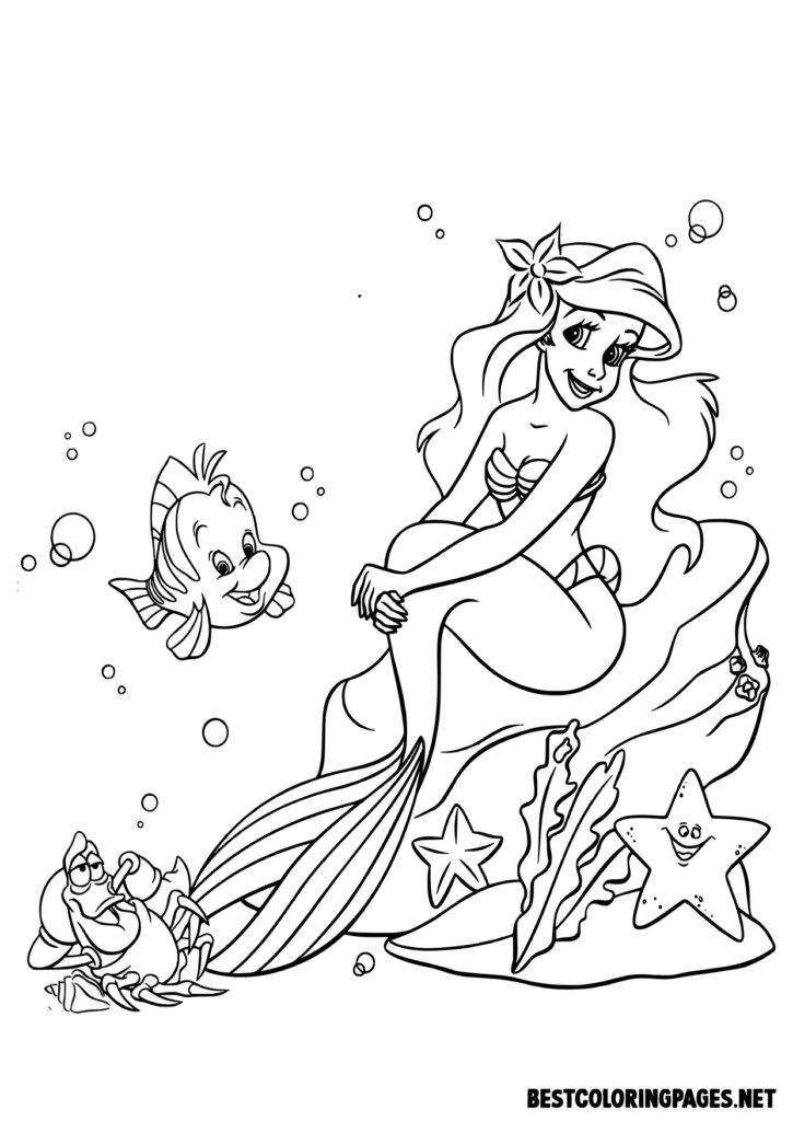 Mermaid coloring book Ariel in the shell to print