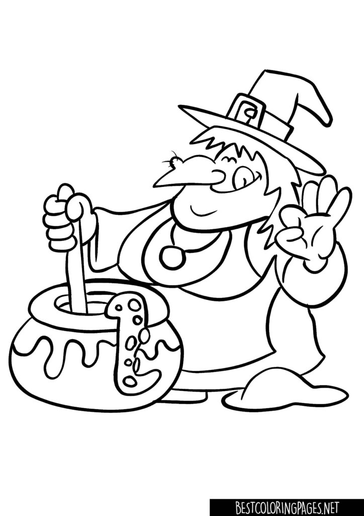 The witch is cooking - halloween coloring page