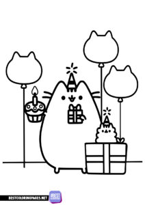 Birthday coloring page with Pusheen cat