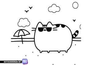 Pusheen on the beach coloring page to print