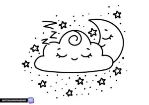 Cloud and moon Kawaii coloring page for children
