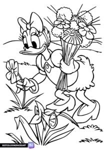 Daisy duck collects flowers spring coloring page