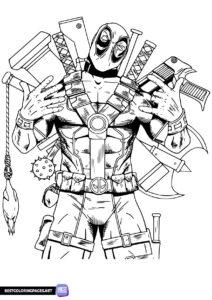 Deadpool with a gun coloring page