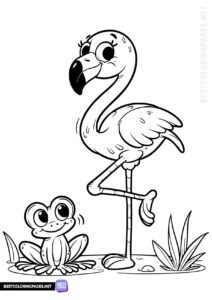 Flamingo with frog coloring page