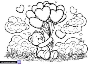 Teddy Bear and heart balloons coloring page