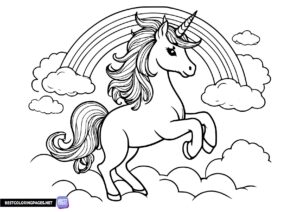 Unicorn, clouds, rainbow coloring page