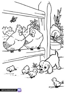 Coloring page farm - chickens and dog