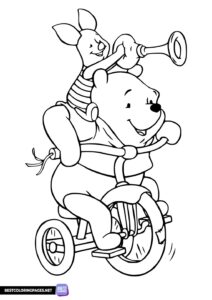 Winnie the Pooh coloring page on a bicycle