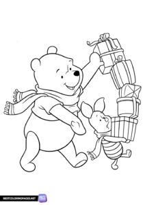 Winnie the Pooh with gifts coloring page