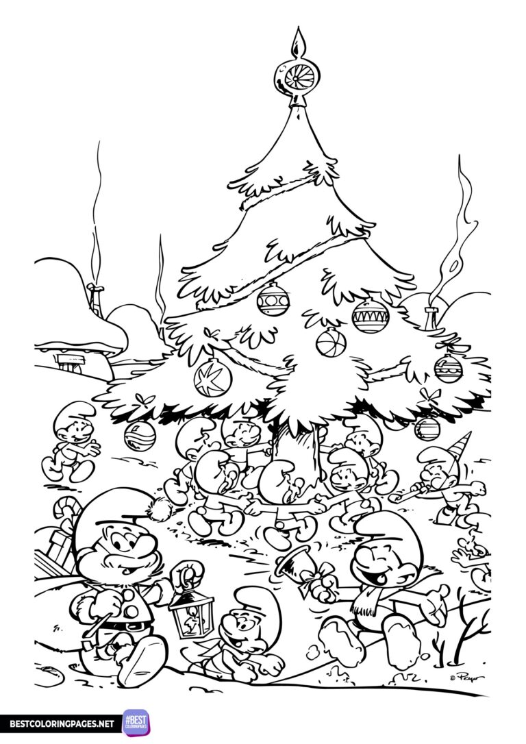 Christmas in the Smurf Village coloring page
