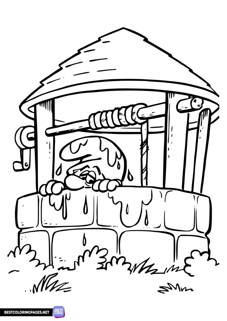 Coloring page with a Smurf in a well