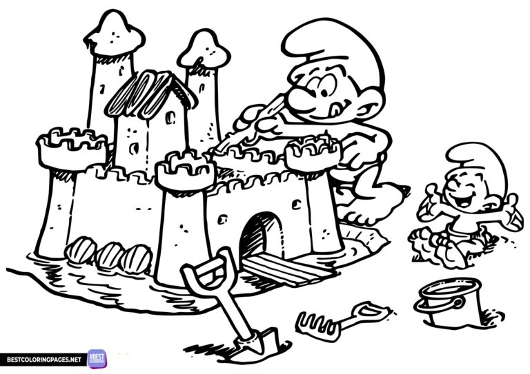 Smurf builds a sandcastle coloring page